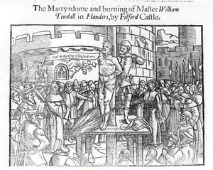 O Martydome e Burning do mestre William Tindall (c.1494-1536) em Flandres, pelo Castelo de Filford, de &39;Atos e Monumentos&39; por John Foxe (1516-87) 1563 de English School